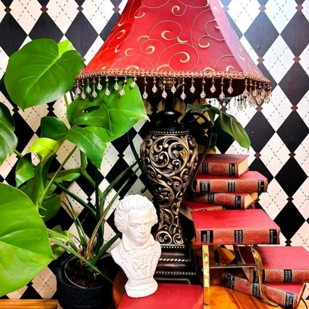 Moody Vintage Table Lamp‎ with Deep Burgundy Shade| Ornate Baroque Decor